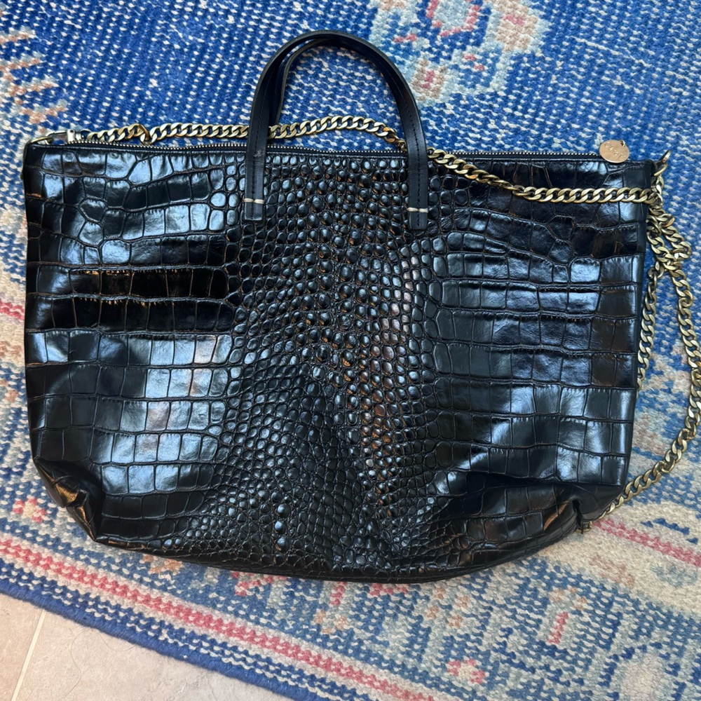 Clare V Black Croc Attaché Tote Bag with chain strap